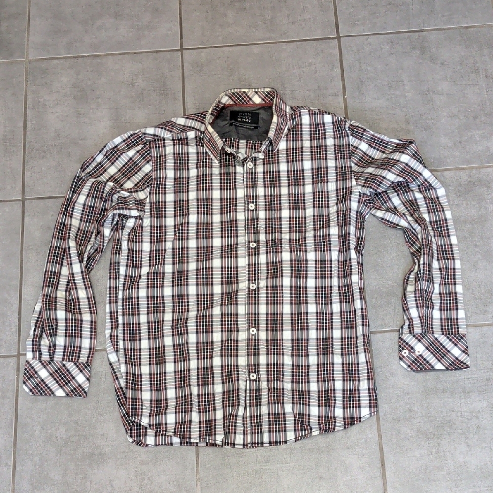 Men's Plaid Shirt - Black, White, and Brown